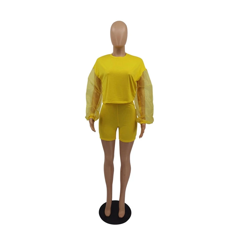 

Plus Size 2 Piece Sets Womens Outfits Mesh Sheer Sleeve Crop Top Biker Shorts Summer Clothes Sexy Clubwear Matching Sets