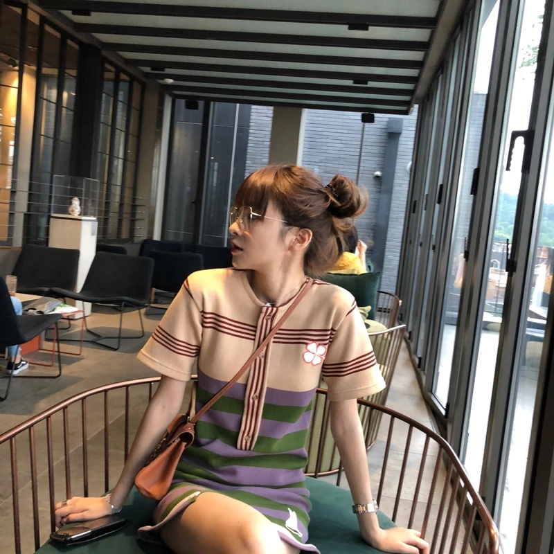 

Summer Casual lapel Striped Short-sleeved Dress Grace Striped Dresses Casual Elegant Sheath Slim Dress