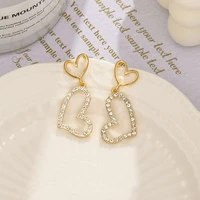 wonderful irregular hollow full shinning rhinestone love heart pendant earrings for women gold color metallic earrings jewelry