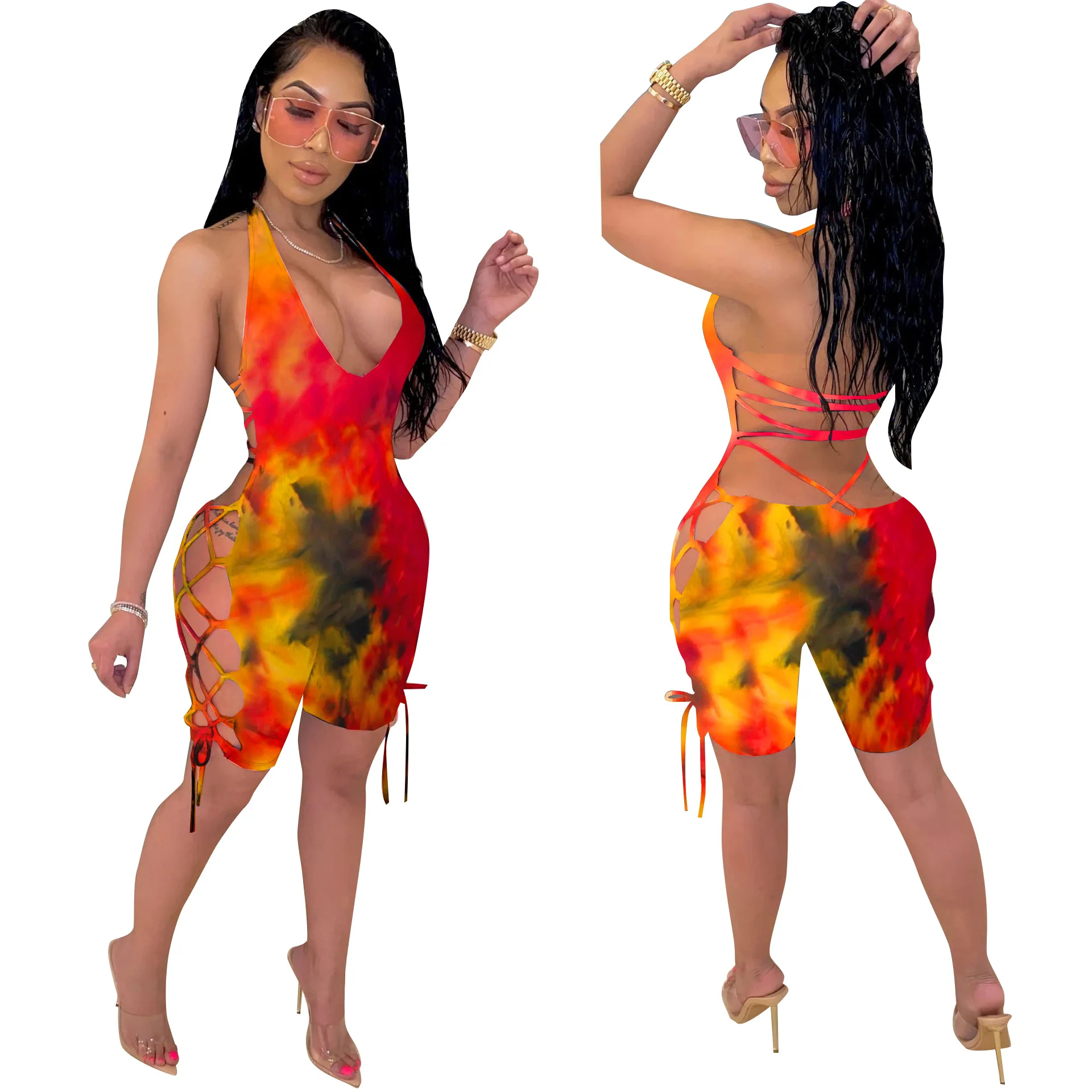 

Women Skinny Playsuits Sexy Tie-dye Print V-Neck Hollow Out Romper Street Night Club Party Jumpsuits One Piece Outfits Bodysuit