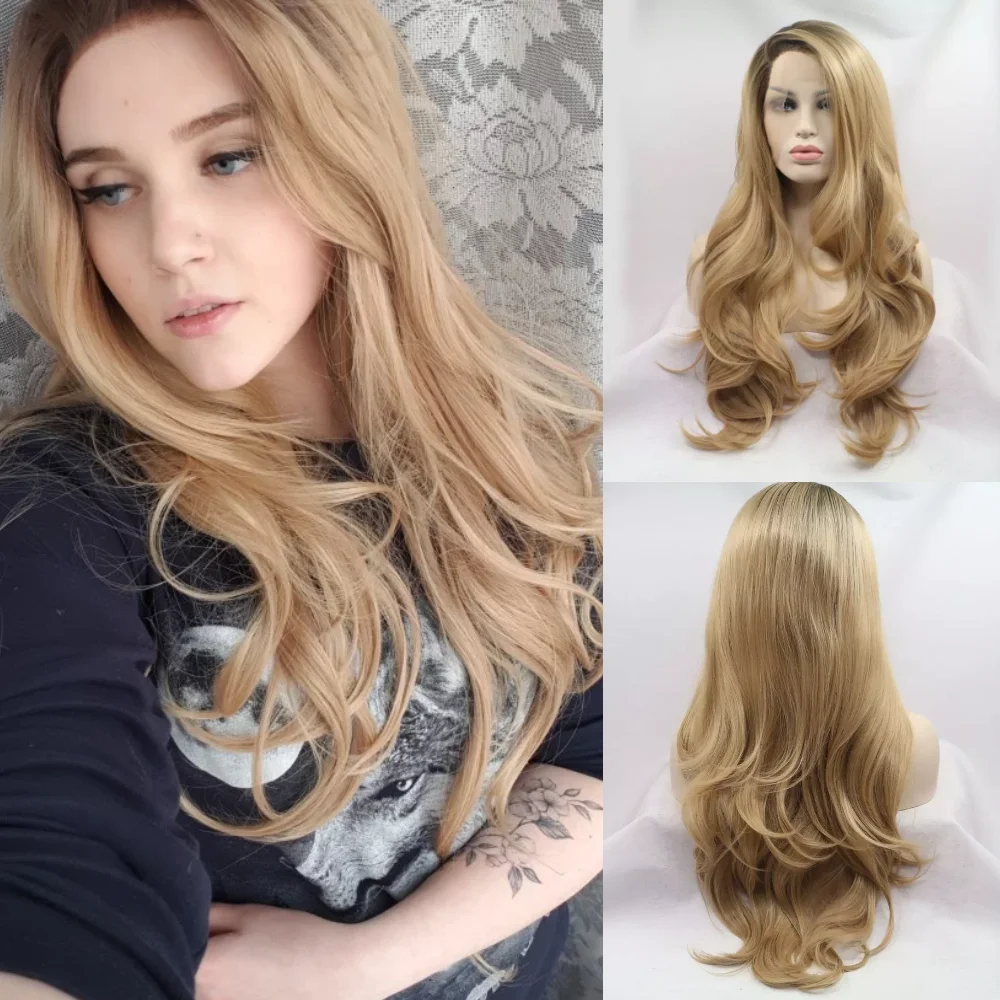 Sylvia Ombre коричневый блонд натуральные волнистые боковая часть термостойкие волокна синтетические кружева спереди парик для женщин 2 тона бесклеевые волосы