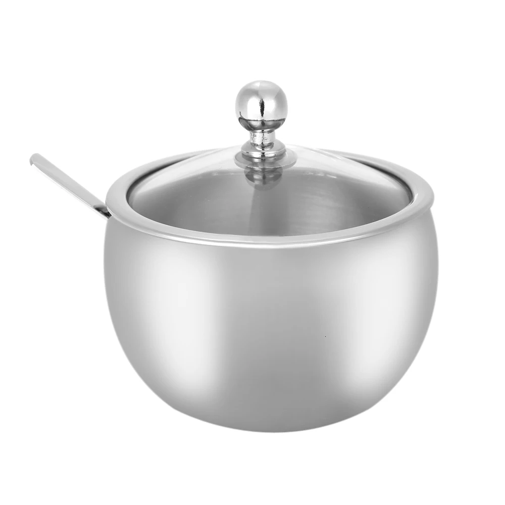 stainless steel sugar bowl seasoning jar condiment pot spice container canister cruet with lid spoon kitchen tools gadgets can free global shipping