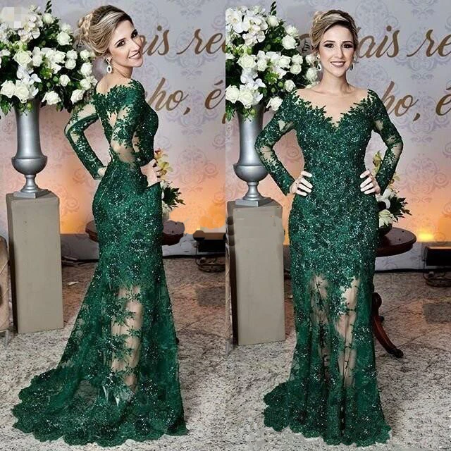 Dark Green Mermaid Mother Of The Bride Dresses Appliques Jewel Neck Long Sleeves Sheer Long Formal Dinner Wear я же мать