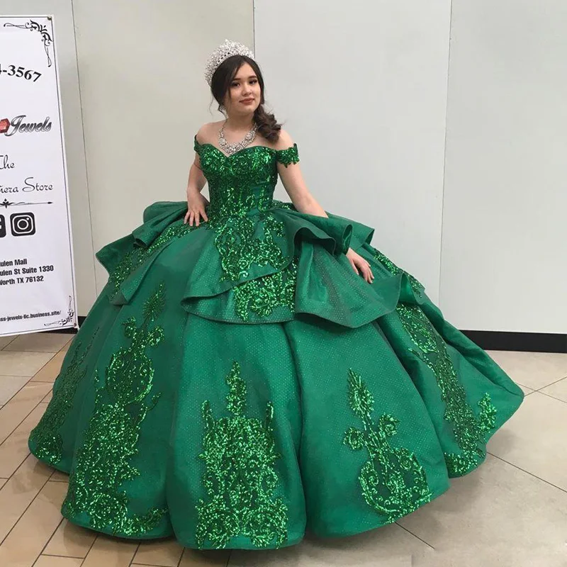 

Dark Green Sequined Appliques Quinceanera Prom Dresses Off the Shoulder Tiered Skirt Lace Up Back Girls Pageant Dress