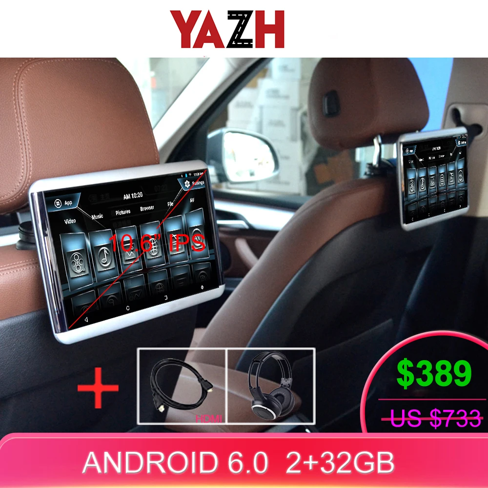 YAZH 10,6 дюймов 1920*1080 Автомобильный android 2 подголовника мониторы поддержка 1 выход AV, 1 способ AV вход. Выход HDMI с aux fm-передатчиком