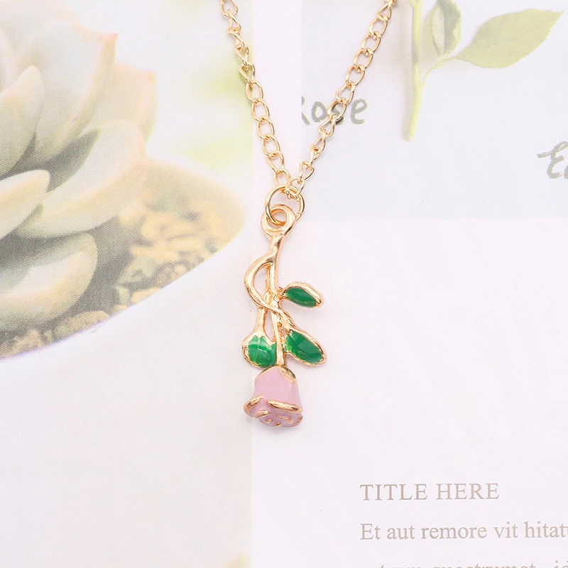 Pink 2 DoreenBeads модный эмалевый кулон для женщин, девушек, розовое золото, красный цветок розы, кулон 50 см(19 5/")-45 см(17 6/8"), длинный 1 шт - Metal Color: Pink 2