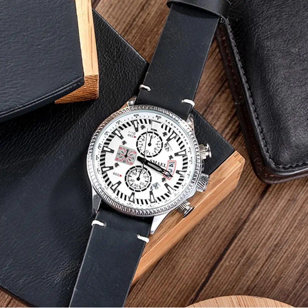 Мужские водонепроницаемые кварцевые часы с кожаным ремешком Smael зеленые