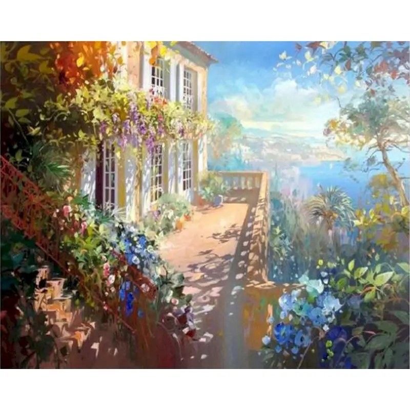 

Gatyztory Frame Seaside House DIY Painting By Numbers Landscape HandPainted Artwork Acrylic Paints Canvas Drawing Wall Decor