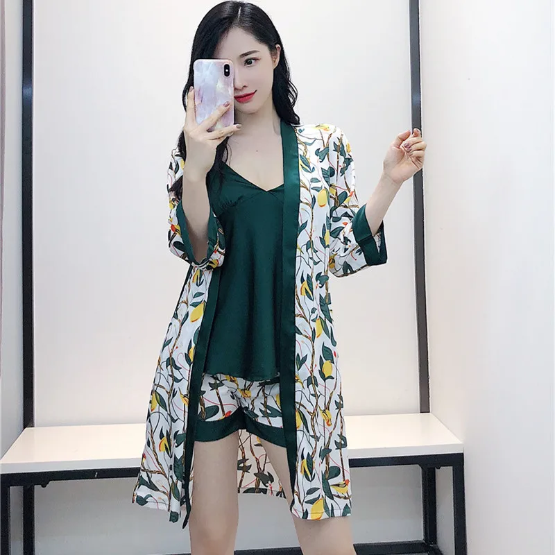 

Lady Lake Blue Print Flower 3PCS Kimono Robe Gown Sets Strap Top V-Neck Nightgown Intimate Bathrobe Spring Summer New Home Wear