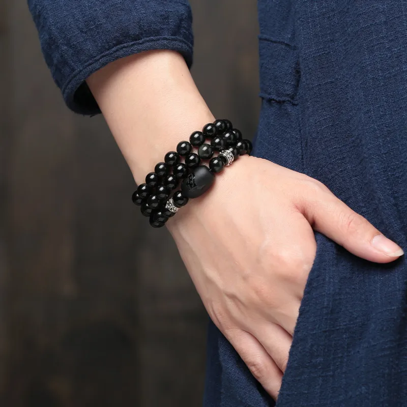 Women Buddha Beads Bracelets Black Obsidian Tiger Eye Stone 108 Round Bangels Gift for Men Fine Jewelry | Украшения и аксессуары