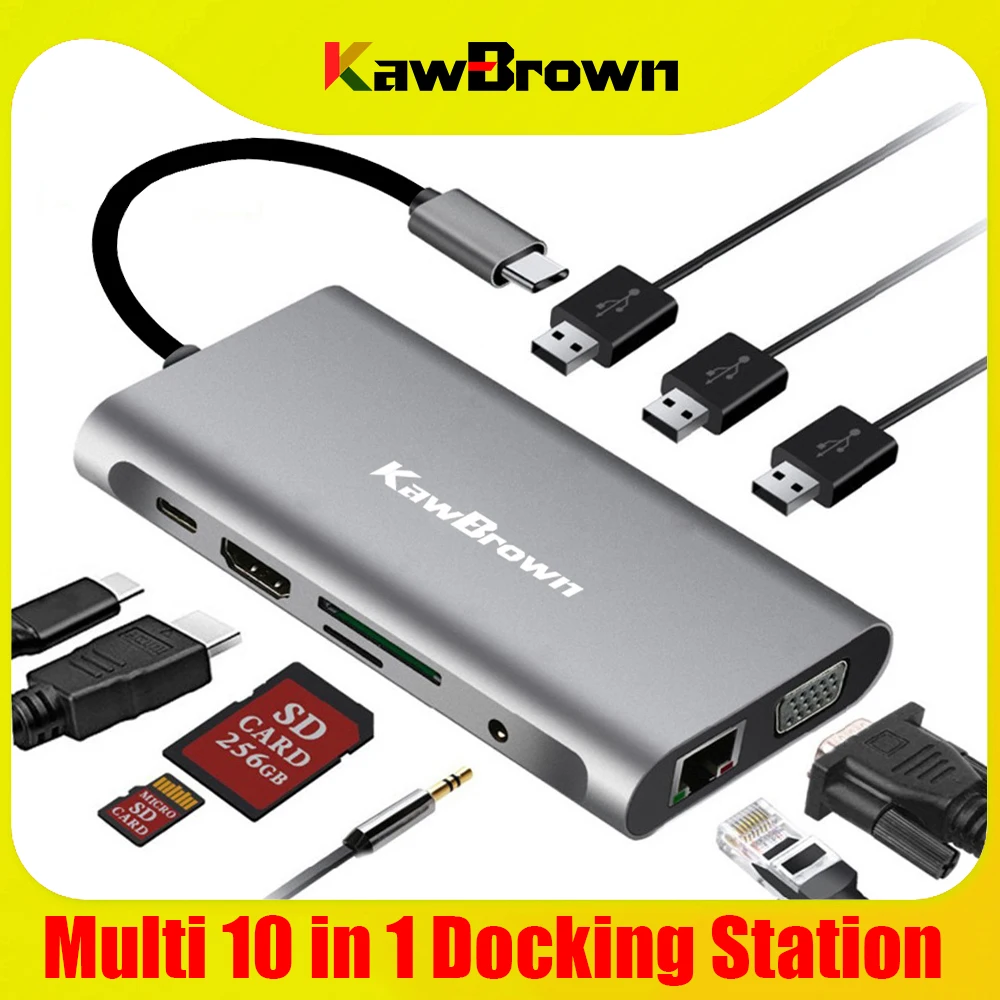 KawBrown 10 в 1 мульти USB C док-станция к 3 0/HDMI/VGA/RJ45/3 5 м аудио/TF/SD/PD Зарядка для ноутбука