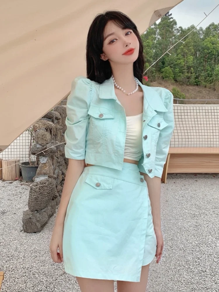 

Summer Women High Waist White Asymmetrical Mini Skirt Student Short Skirts Long Sleeve Short Coat Streetwear Lady Two Pieces Set