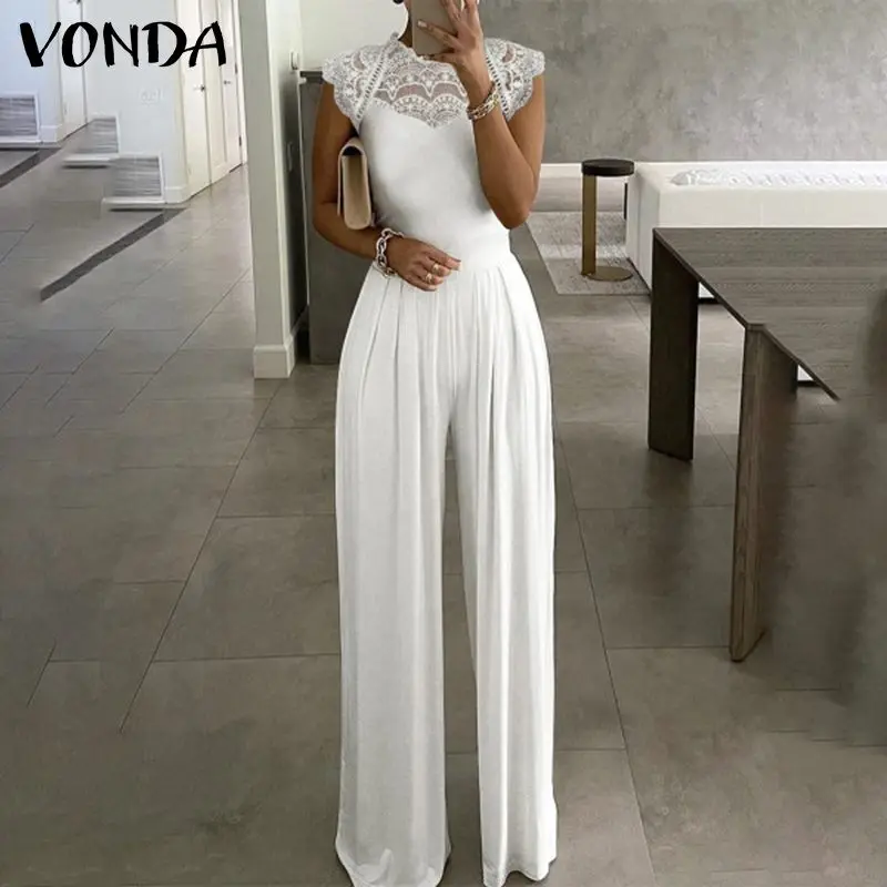 

2021 женские свободные комбинезоны VONDA, женские повседневные кружевные комбинезоны с широкими штанинами, комбинезон, пикантные Длинные Комби...