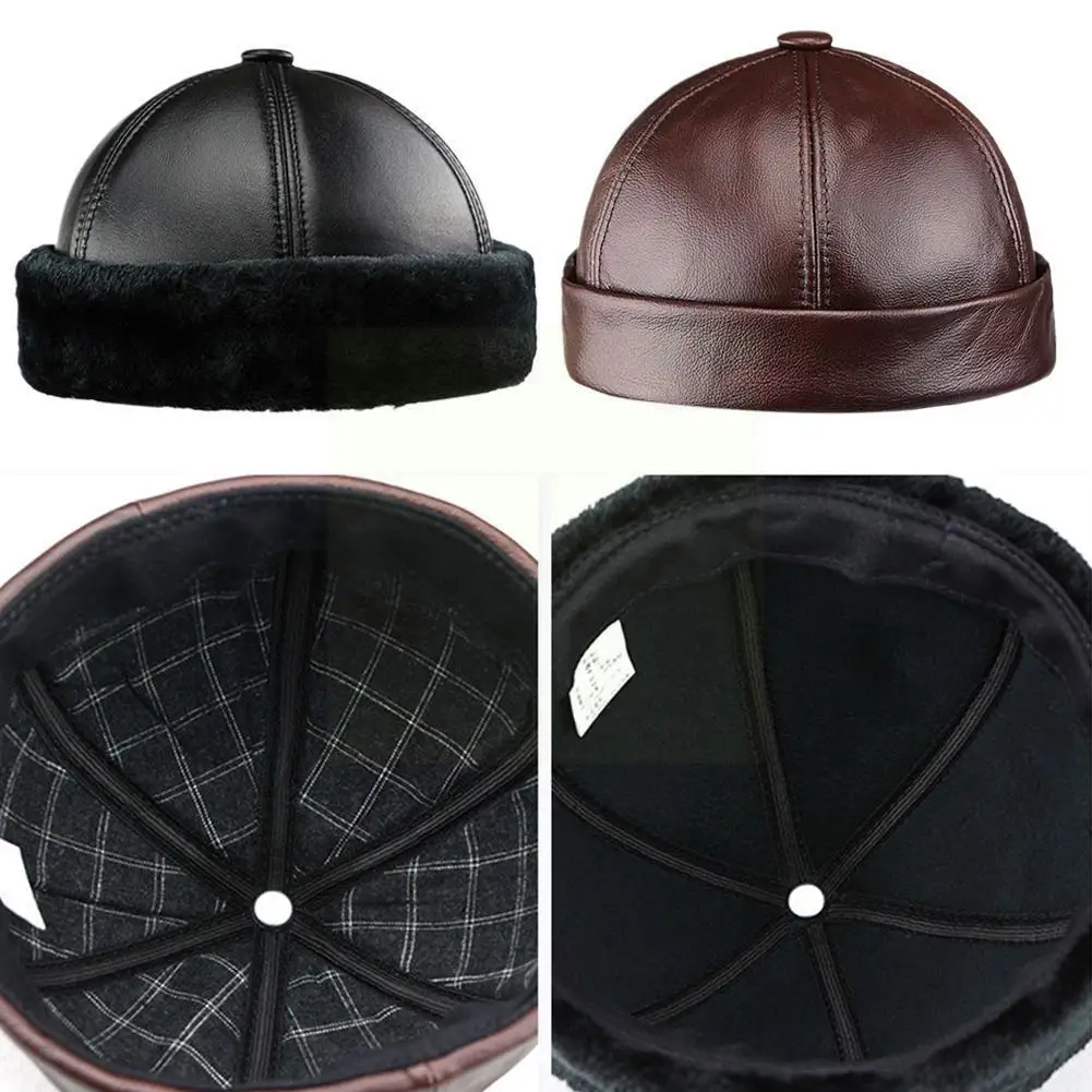 

Leather Hat Landlord Hat Men's Winter Warmth Without Melon Hat And Hat Old Leather People Middle-aged Eaves S4s1
