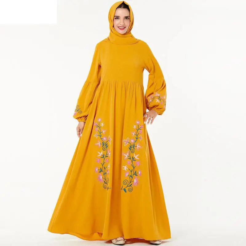 

Muslim Abaya Long Dressplus Size Women's Yellow Pleated Long-sleeved Floral Embroidered Muslim Dress Arab Middle East Robe