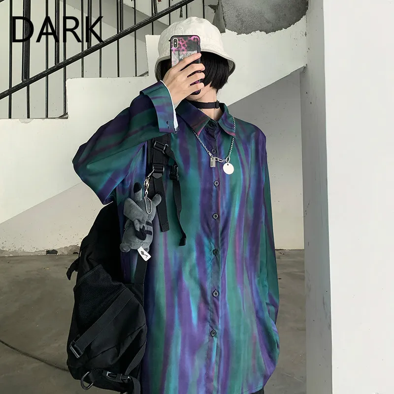 Женская свободная рубашка [DARK] черная с длинным рукавом и принтом акихара Juku