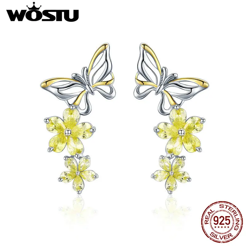 WOSTU 925 пробы серебряные висячие серьги декоративные бабочки цветок золотые CZ Висячие серьги для женщин блестящие ювелирные изделия CTE064