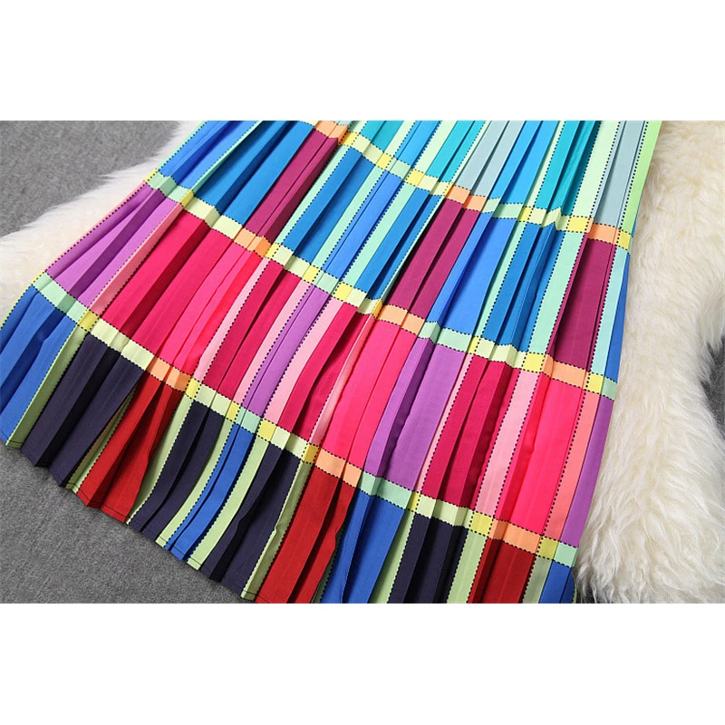

Dress Top Quality Runway Women 2021 Fashion Spring Clothes Long Sleeve Multicolor Plaid Print Pleated Long Vintage Holiday Dress