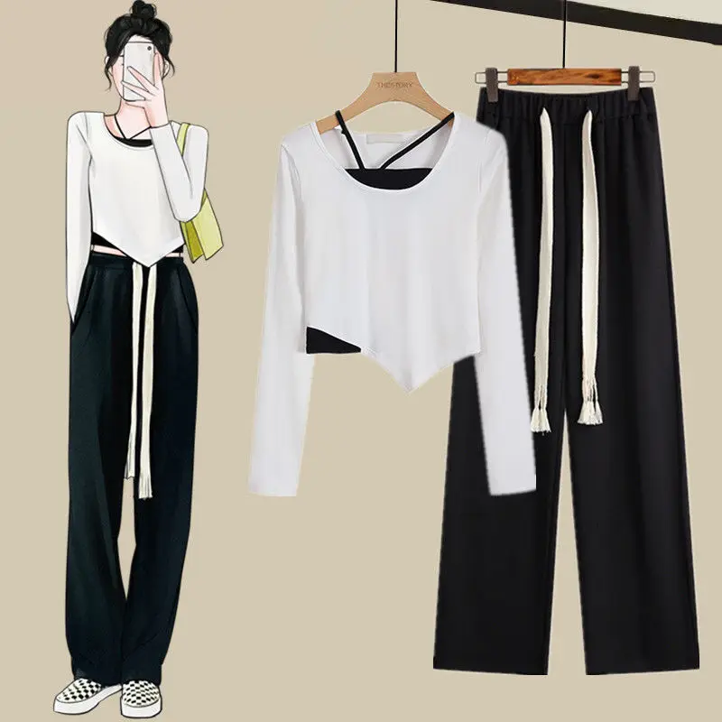 

Womens Two Peice Sets Early Autumn Irregular Long Sleeve Slim Top+Solid Color Mopping Wide-leg Pants Women's Clothing Fashion