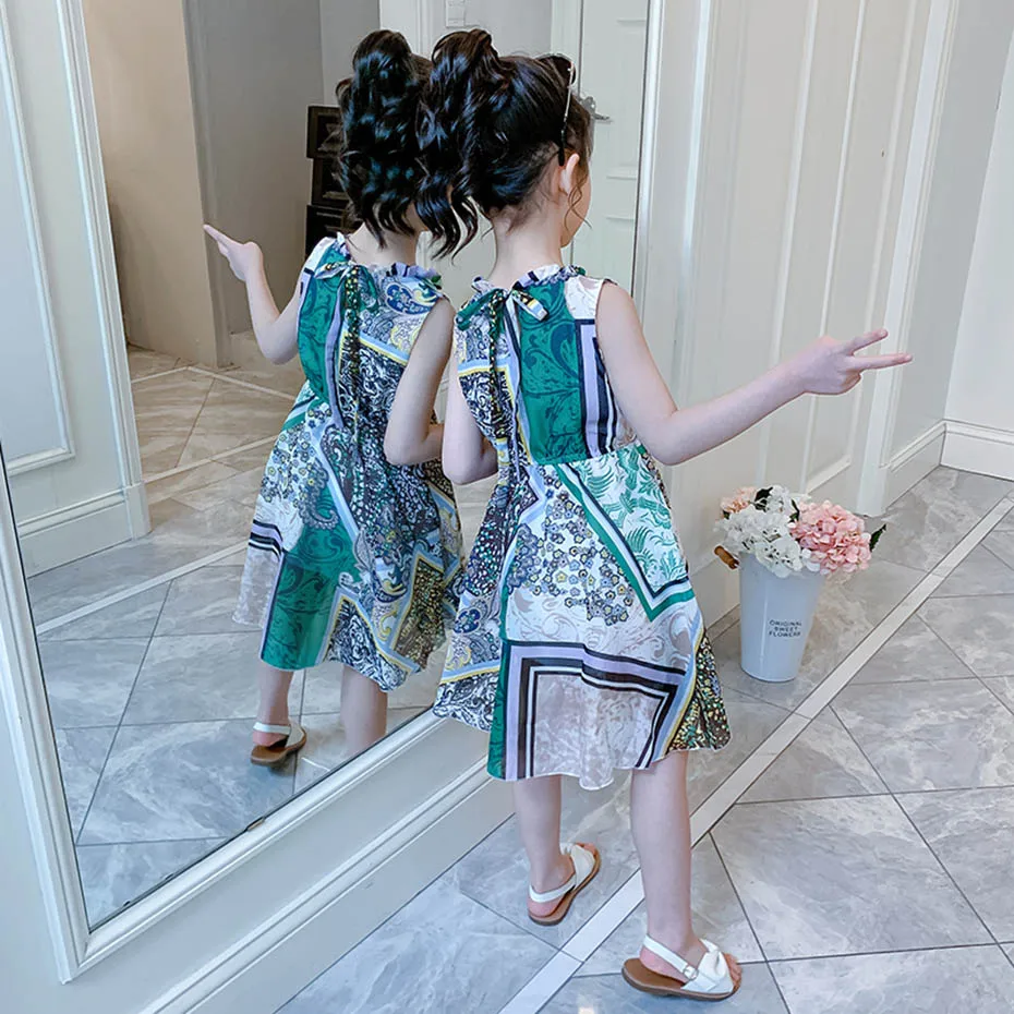 Summer Dress For Girls Bohemian Style Girl Sleeveless Kids Dresses Teenage Costume 6 8 10 12 14 | Детская одежда и обувь