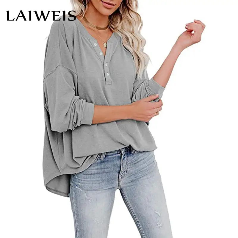 

LAIWEIS Hoodies Women Chic Tie Buttons V-neck Drop-shoulder Sleeve Trendy Female Top All-match Loose Gray Clothes High Street