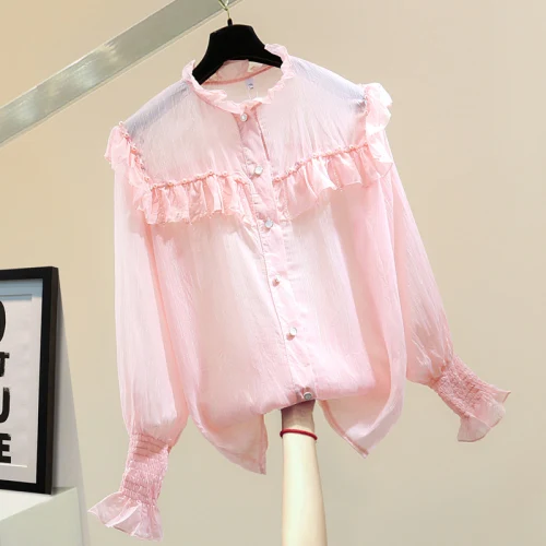 

Sequin Bead Ruffled Solid Color Shirt Woman 2021 Spring Korean Style Loose Temperament Bright Silk Stripes Chiffon Blouse Blusas