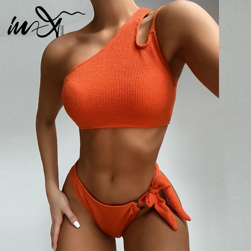 In-X сексуальное оранжевое бикини комплект 2020 женский купальник на одно плечо с