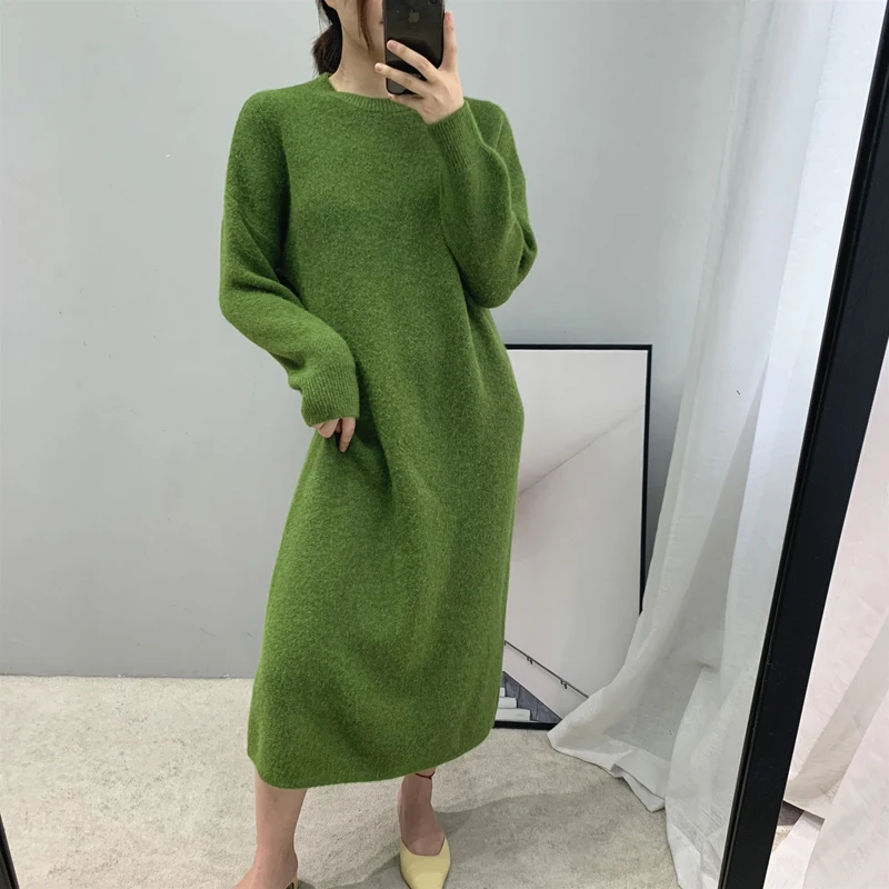 green Женское осенне-зимнее длинное платье-свитер Новые однотонные плотные длинные платья с круглым вырезом с длинным рукавом шерстяное вязаное платье для женщин - Цвет: green