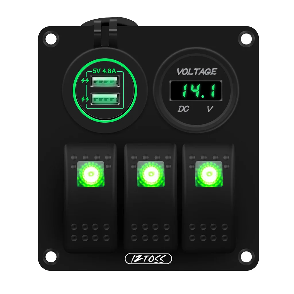 

3 Gang Switch Panel Pre Wired with 4.8A Dual USB Charger and Mounting Screws DIY (Green Light)