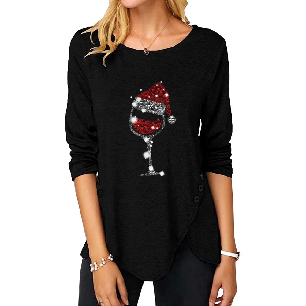 

Christmas Top Spring Wine Glass Print Blouse Women's Autumn Casual Bottoming T Shirt Long-sleeve Asymmetric Pullover Women Tops