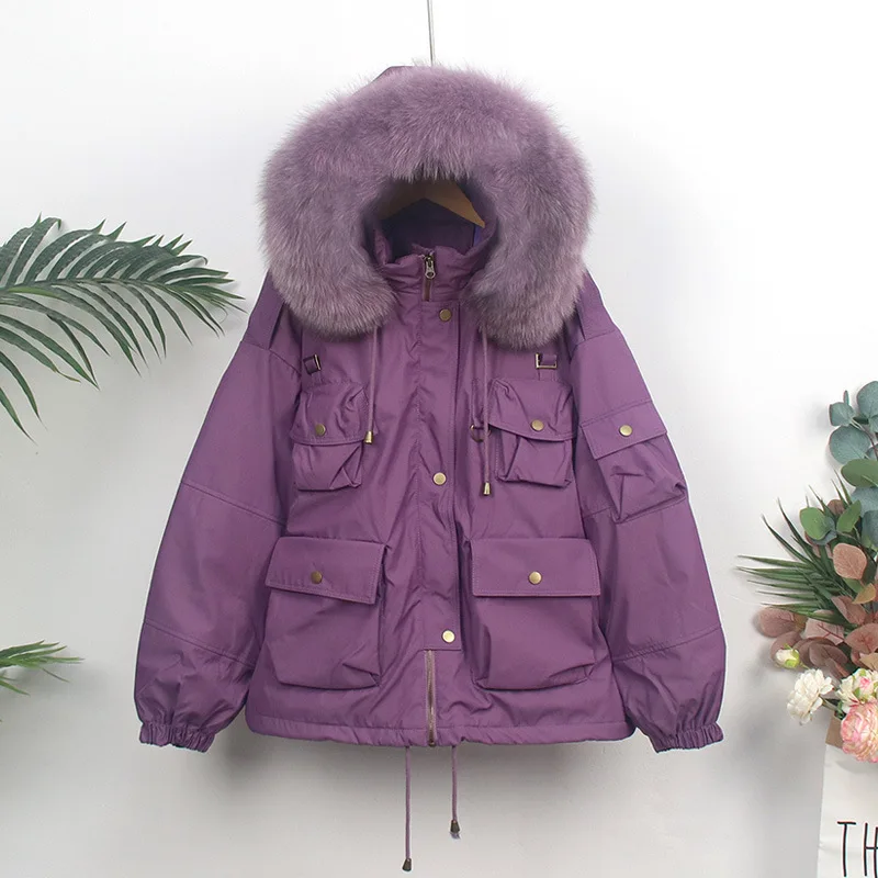 

OFTBUY 2022 Fashion Winter 90% White Duck Down Jacket Women Real Natural Fox Fur Collar Hooded Coat Thick Warm Loose Streetwear