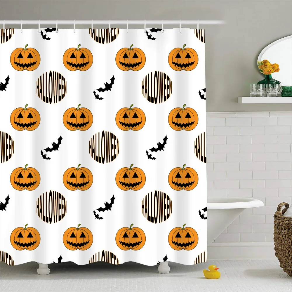 Skull Pumpkin Shower Curtain Waterproof Mold Proof Polyester Happy Halloween Bath for Kids Black/White Background Screen | Дом и сад