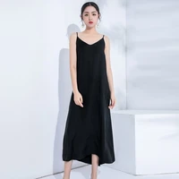 2020 black summer women dress high quality cupro rayon straps dress with v neck long to ankle sexy normcore