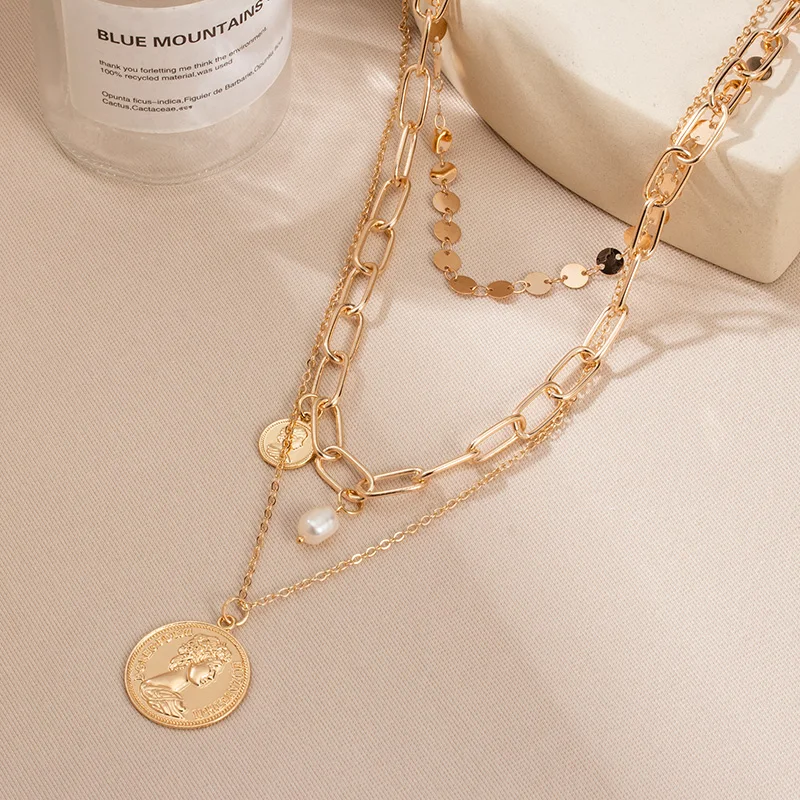 

Fashion Multilayer Pearl Crocss Chokers Necklace For Women Vintage Bohemian Female Chain Metal Coin Necklaces 2021 Trend Jewelry