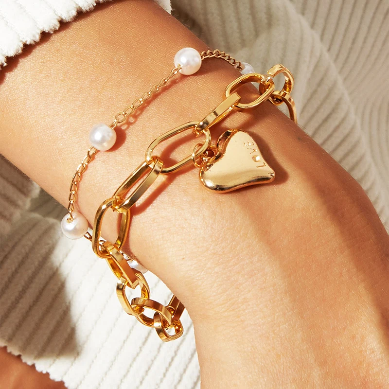 

INS Fashion Punk Style Thick Chain Decorative Bracelets Exquisite Women Charm Imitation Pearl Heart Multilayer Bracelet