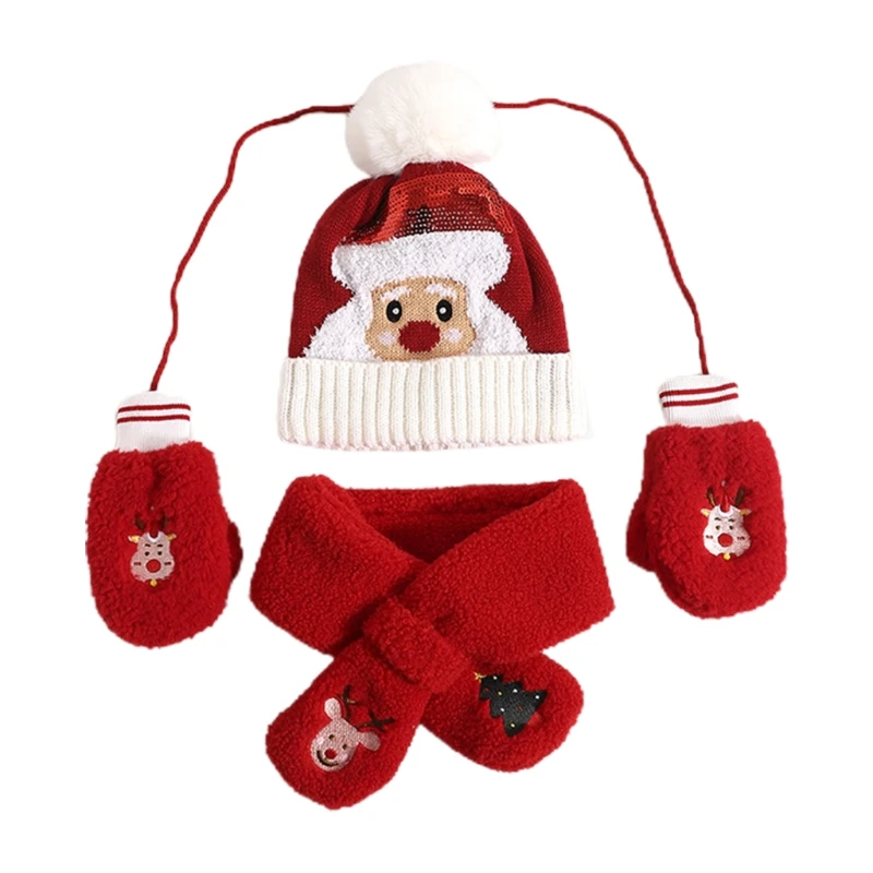 

Unisex Christmas Scarf Gloves Hat Set Gloves Long Scarf Soft Warm Thick Cable Knited Cold Weather Winter 2-8 Years Old
