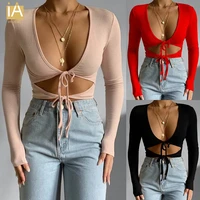 women sexy hollow out lace up camis long sleeve solid color slim fit bandage v neck low cut club holiday casual top