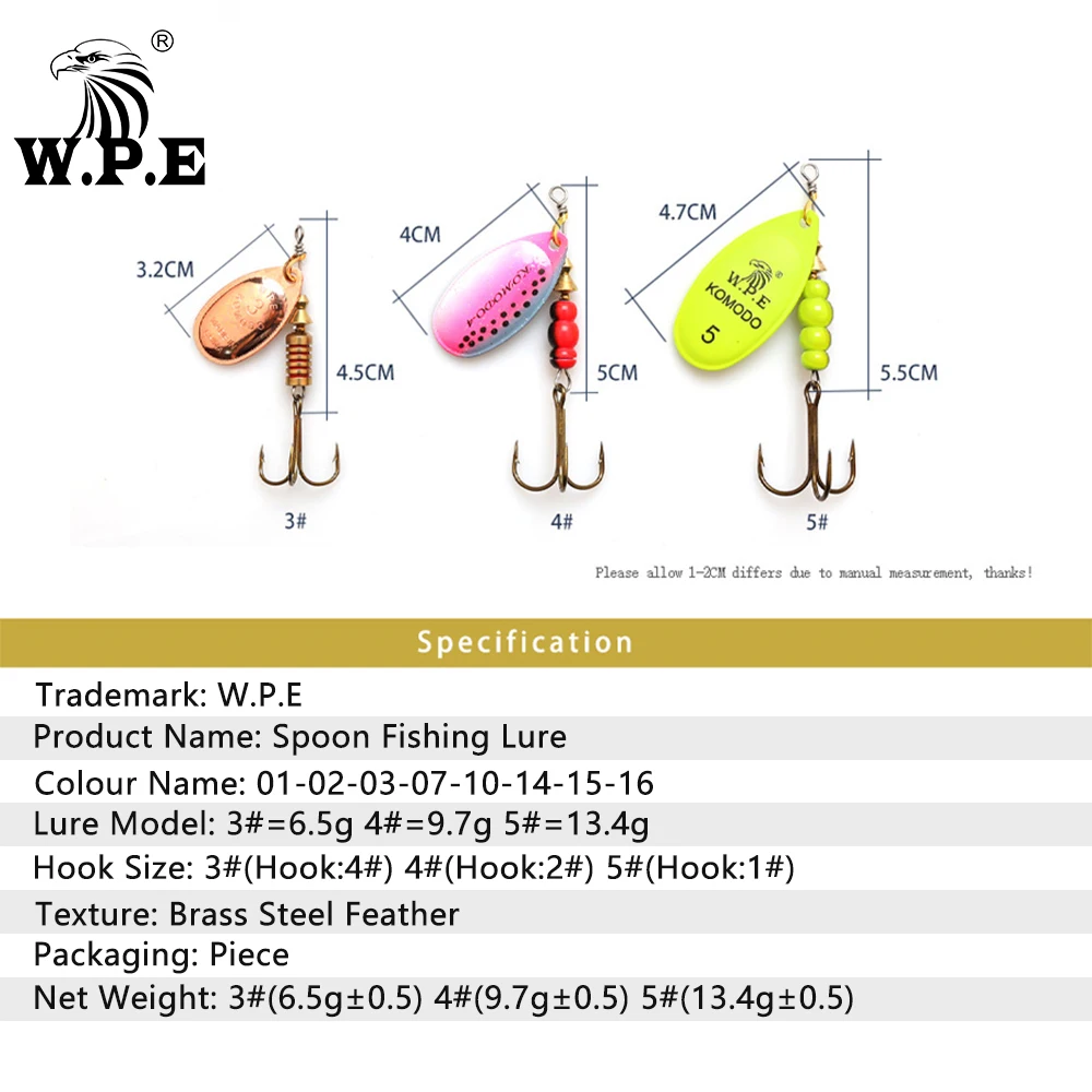W.P.E Brand 1pcs Spinner Lure 6.5g/9.7g/13.4g Bass Fishing Bait Metal Spoon Lure Treble Hook Fishing Tackle Hard Lure CrankBaits