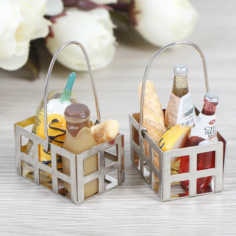 

5pcs 1:12 Food Toy Dinning Fruit Metal Coffee Wine Bread Milk Basket Food Doll House Miniature Accessories Dollhouse Miniature