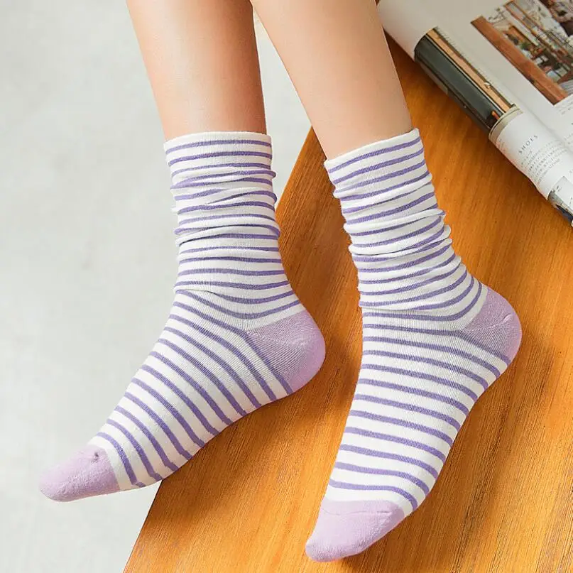 Women Solid Stripes Cotton Socks Slim Striped Crew Socks Spring Autumn Winter Socks Girls Ankle Socks Knee High Sock 6 pairs/lot