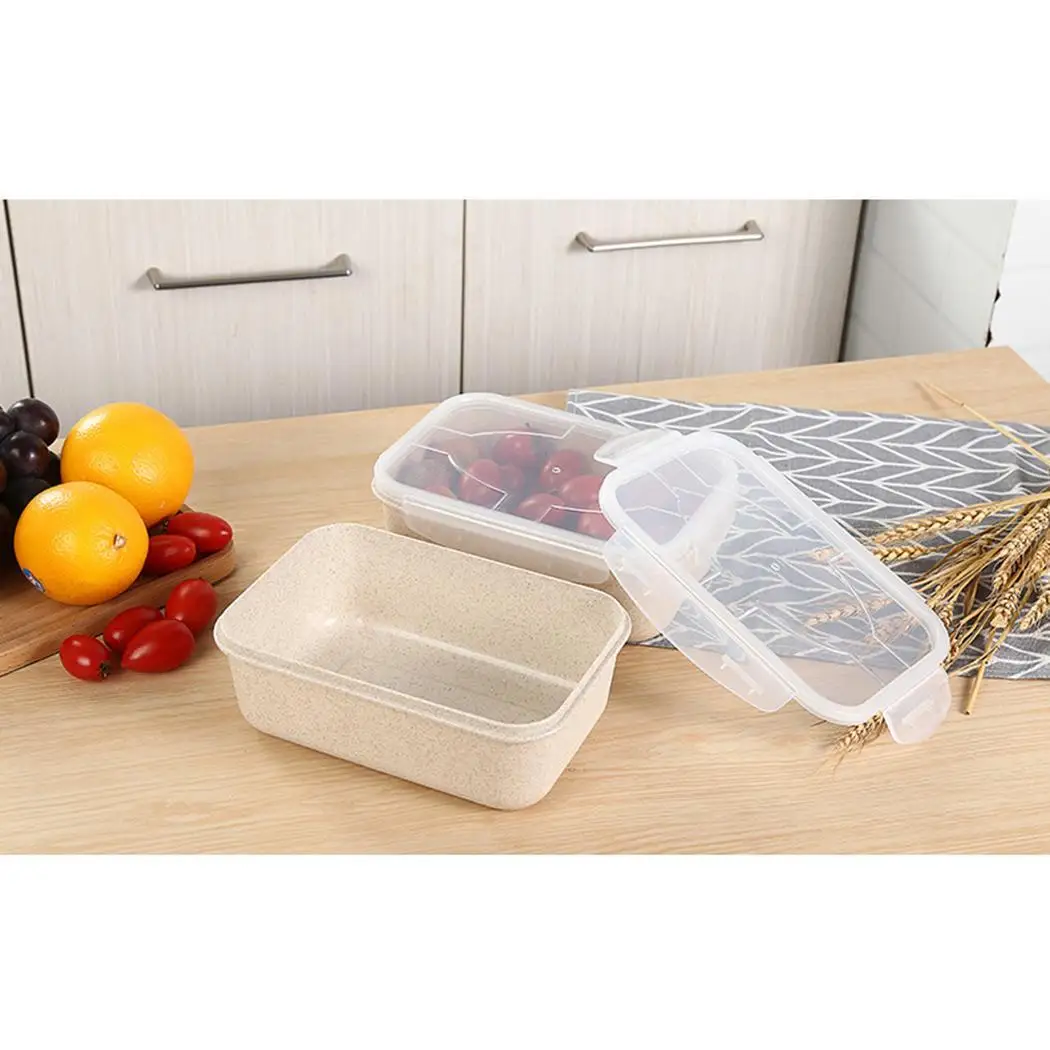 Wheat Straw Plastic Storage Box Microwave Heating Sealed Lunch 1 set Stainless Steel Tableware | Дом и сад