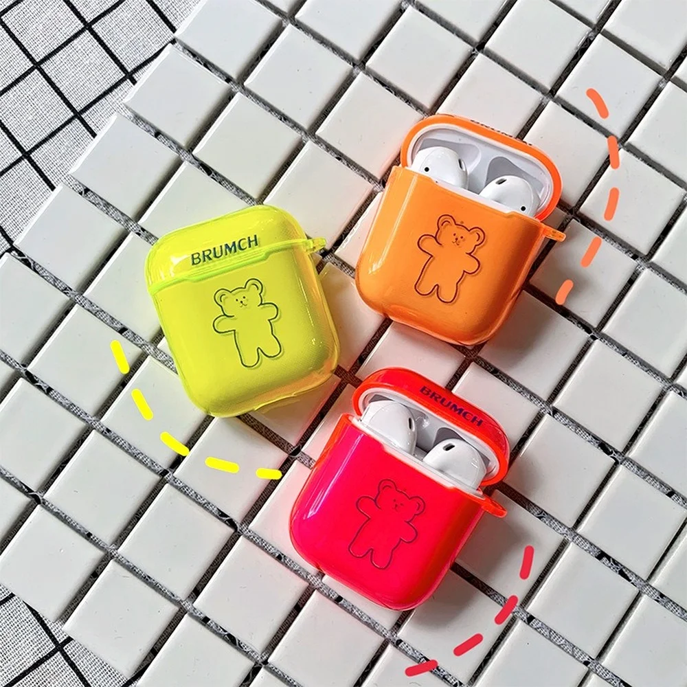 

Protective Cute Bear Transparent Fluorescent Color Trendy Wireless Earphone Charging Cover Bag for AirPods1/2 Soft Silicone Case