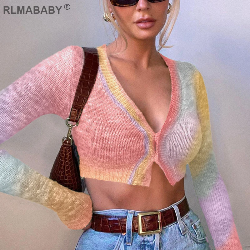 

2021 Autumn Winter Women V Neck Knitted Colorful Cropped Sweater Sexy Casual Street Long Sleeve Button Short Sweater Coat Top