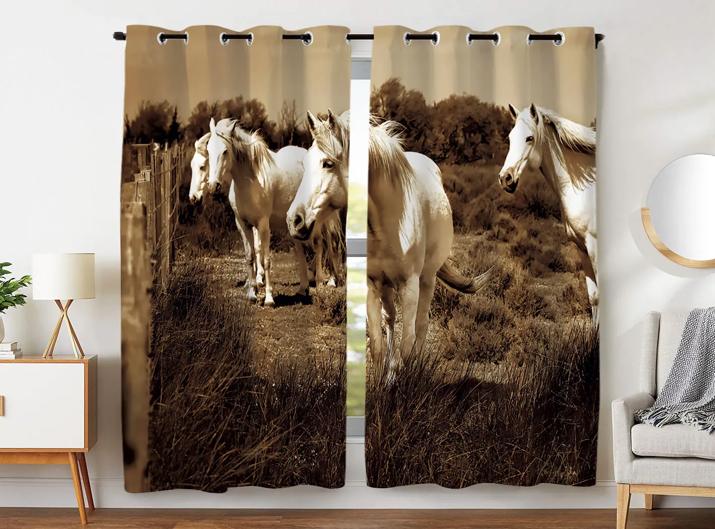 

HommomH blackout curtains (2 panels) perforated high quality fabric curtain white horse pattern on top of grommet