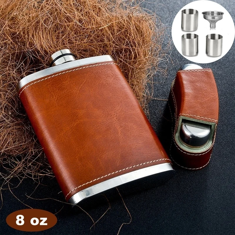 

GENNISSY 8oz Whiskey Wine Pot Men Outdoor Portable Mini Stainless Steel Hip Flasks Lid With 3 Cups Leather Covered Flagon