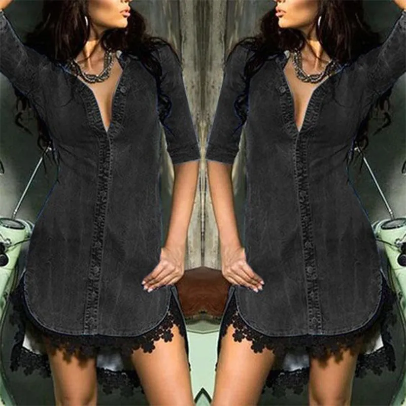 Женское джинсовое платье с коротким рукавом и V-образным вырезом лоскутное