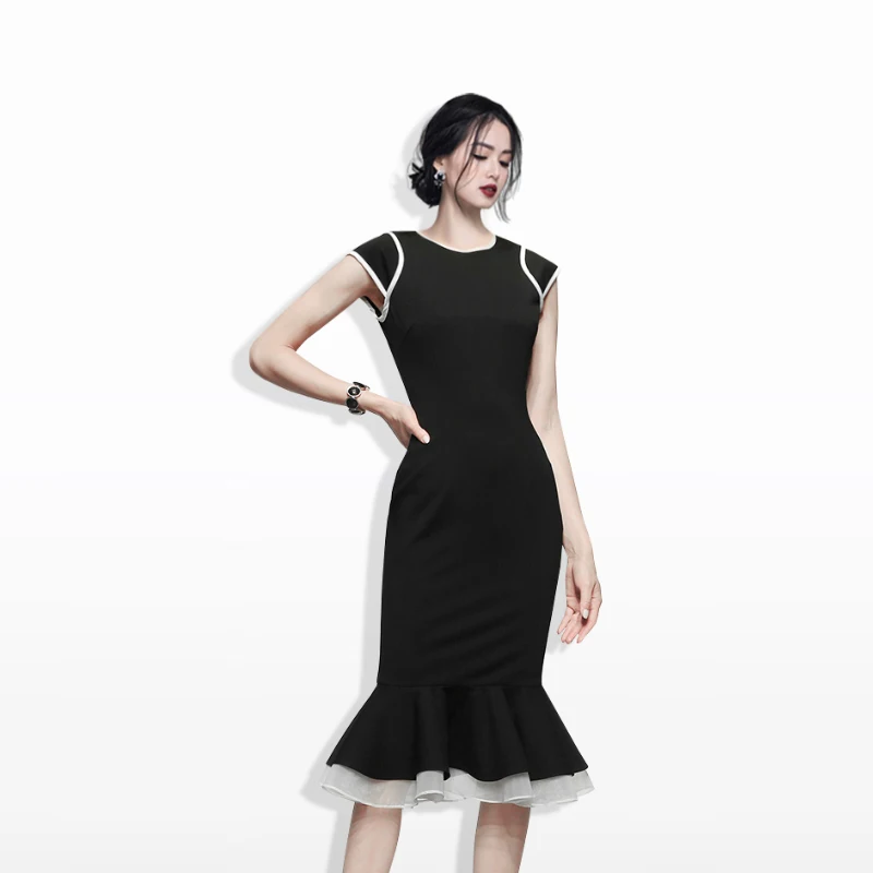 

Korean Mermaid Dress Women High Waist O-Neck Short Sleeve Elegant Long Midi Dress Office Lady Black Party Dress Plus Size C512