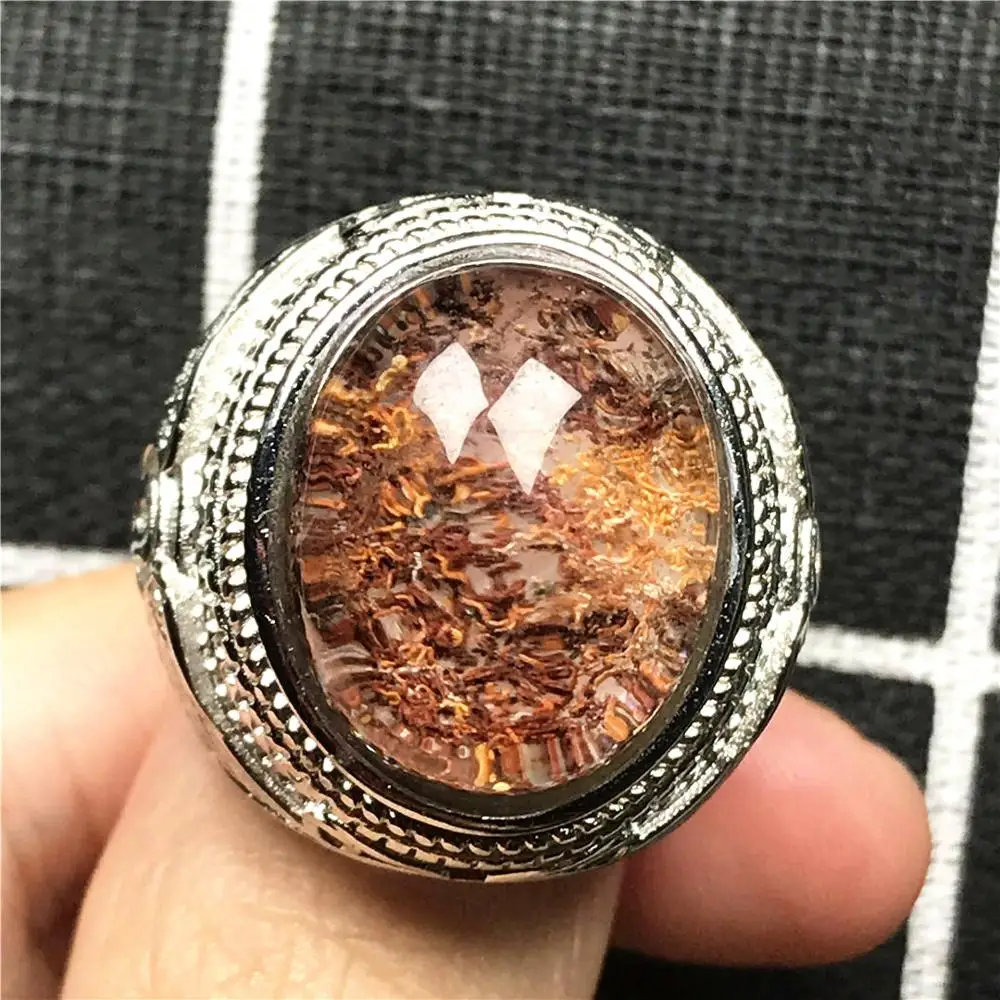 

Top Natural Red Phantom Quartz Crystal Ring Jewelry For Man Ring Garden 22x19mm Oval Beads Stone Silver Adjustable Ring AAAAA