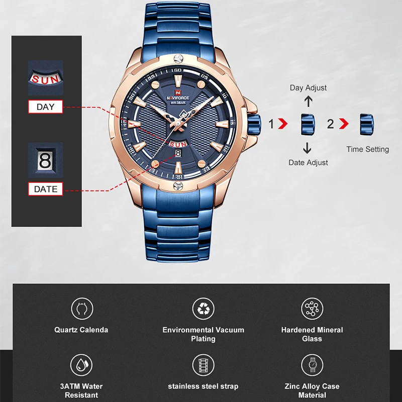 Часы наручные NAVIFORCE Мужские кварцевые брендовые Роскошные водонепроницаемые