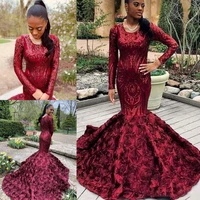 shining burgundy mermaid prom dress with rose floral long sleeve plus size african sequin evening gowns black girls prom dress